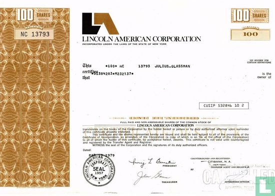 Lincoln American Corporation, Certificate for 100 shares, Common stock