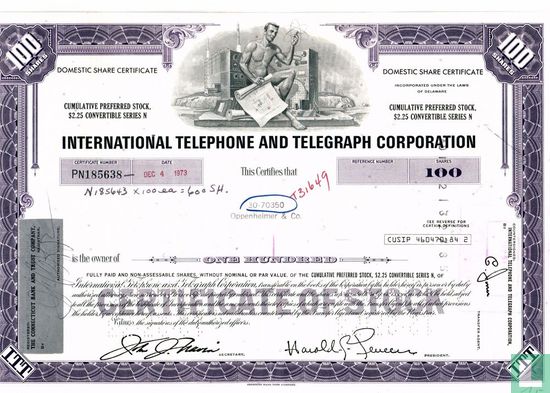 International Telephone and Telegraph Corporation, Certificate for 100 shares, Cumulative preferred stock, Convertible series N