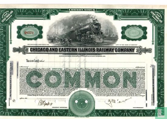 Chicago and Eastern Illinois Railway Company, Certificate for less than 100 shares common stock, blankette