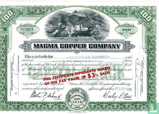 Magma Copper Company, Certificate for 100 shares, Capital stock