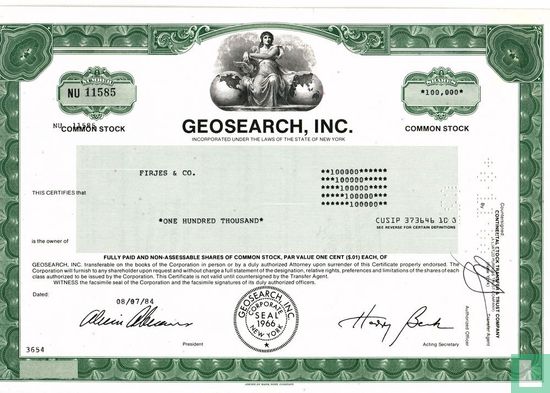 Geosearch, Inc., Share certificate, Common Stock