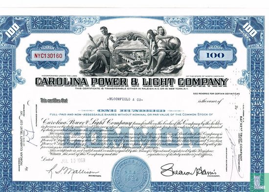 Carolina Power & Light Company, Certificate for 100 shares