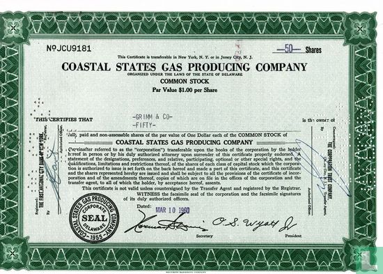 Coastal States Gas Producing Company, Share certificate 