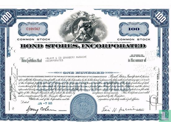 Bond Stores, Incorporated, Certificate for 100 shares