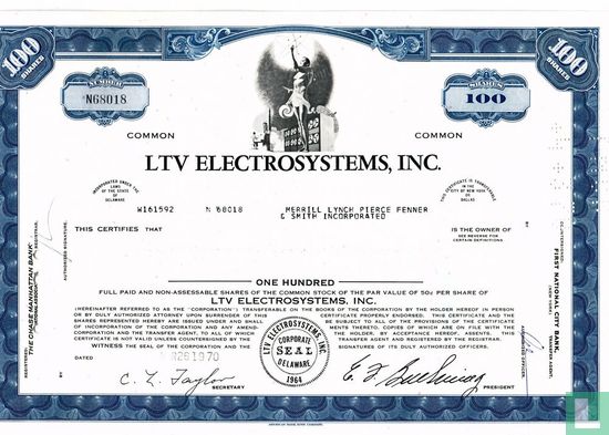 LTV Electrosystems, Inc., Certificate for 100 shares, Common stock