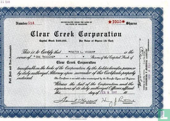 Clear Creek Corporation, Share certificate