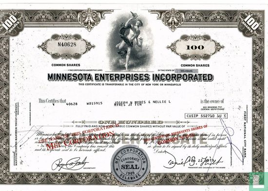 Minnesota Enterprises Incorporated, Certificate for 100 shares, Common stock