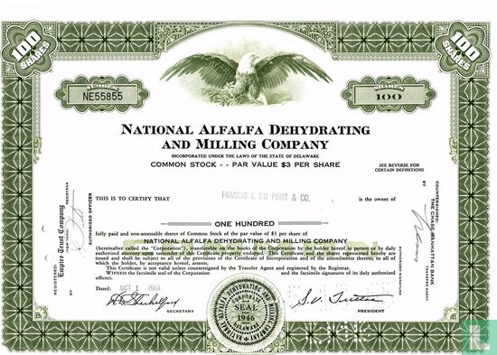 National Alfalfa Dehydrating and Milling Company, Certificate for 100 shares, Common stock
