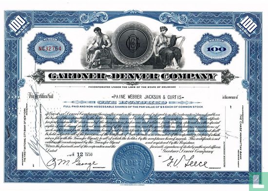 Gardner-Denver Company, Certificate for 100 shares, Common stock