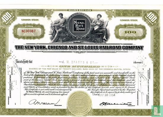 The New York, Chicago and St. Louis Railroad Company, Certificate for 100 shares, Common stock