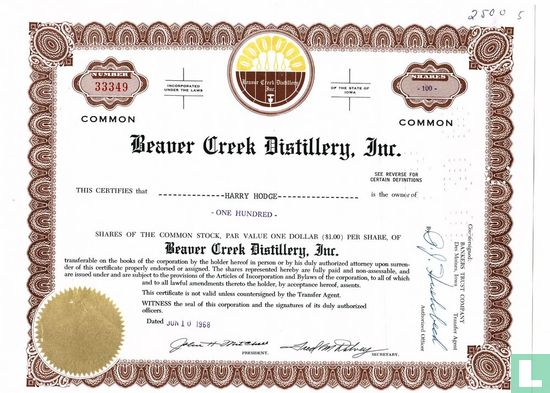 Beaver Creek Distillery, Inc., Share Certificate