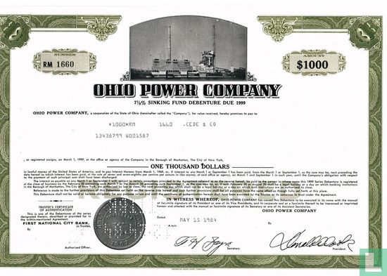 Ohio Power Company, Certificate of $ 1.000,= 7 7/8% Sinking Fund Debenture
