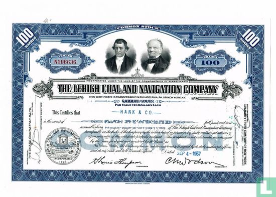 The Lehigh Coal and Navigation Company, Certificate for 100 shares, Common stock