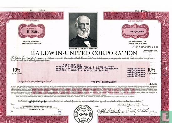 Baldwin-United Corporation, Certificate of subordinated debenture