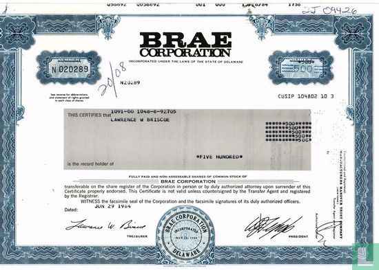 Brae Corporation, Share certificate