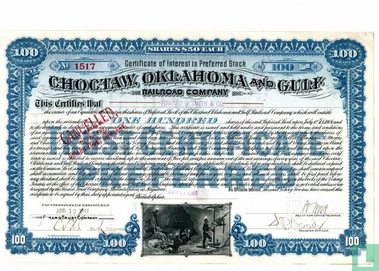 Chocktaw, Oklahoma and Gulf Railroad Company, Certificate for 100 shares preferred stock