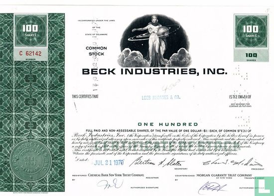 Beck Industries, Inc., Certificate for 100 shares