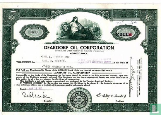 Deardorf Oil Corporation, Share certificate
