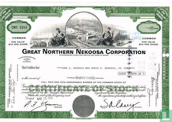 Great Northern Nekoosa Corporation, Certificate for less than 100 shares, Common stock