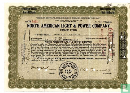 North American Light & Power Company, Temporary certificate for less than 100 shares, Common stock