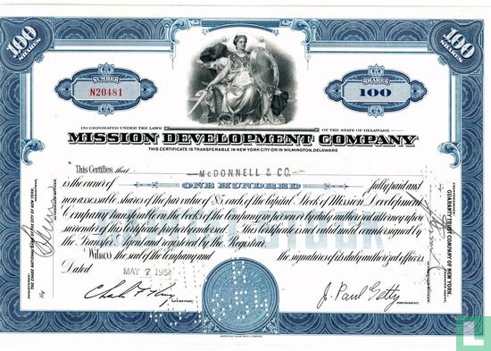 Mission Development Company, Certificate for 100 shares, Capital stock