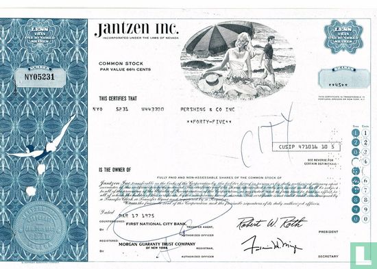 Jantzen Inc., Certificate for less than 100 shares, Common stock