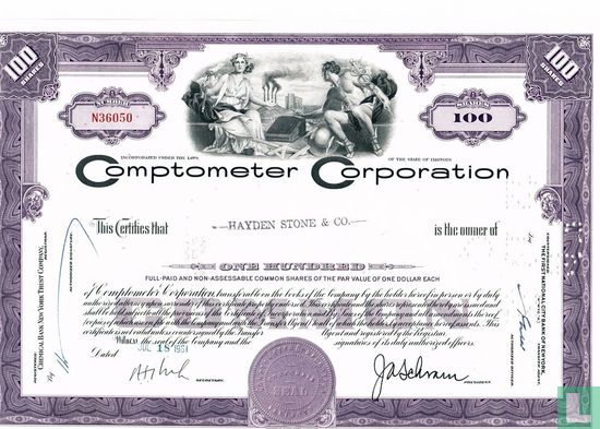 Comptometer Corporation, Certificate for 100 shares