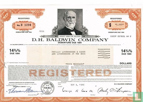 D.H. Baldwin Company, Certificate of debenture