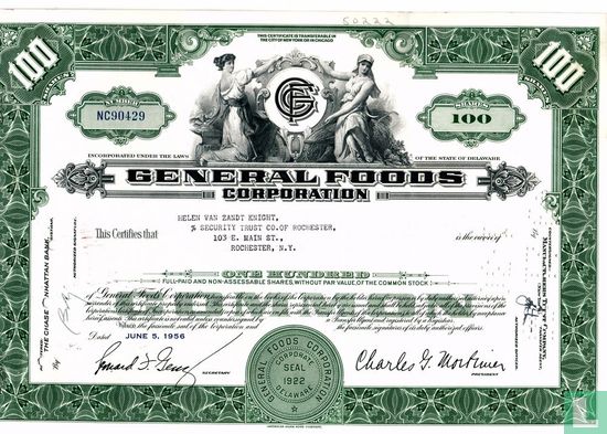 General Foods Corporation, Certificate for 100 shares, Common stock