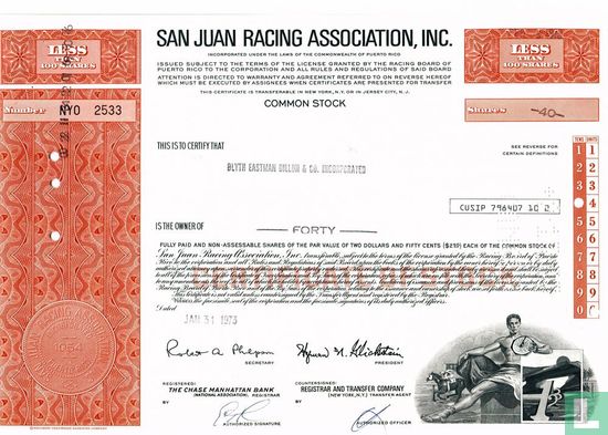 San Juan Racing Association, Inc., Certificate for less than 100 shares, Common Stock