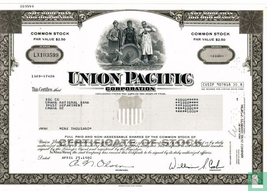 Union Pacific Corporation (UPC), Certificate for not more than 100.000 shares, Common stock
