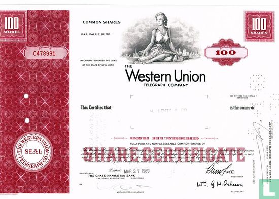 The Western Union Telegraph Company, Certificate for 100 shares, Common stock