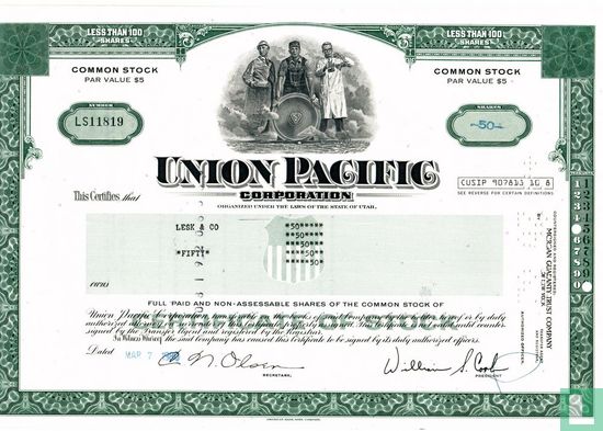Union Pacific Corporation (UPC), Certificate for less than 100 shares, Common stock