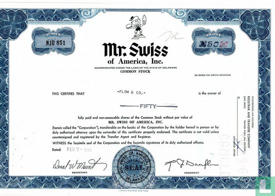 Mr. Swiss of America, Inc., Share certificate, Common stock