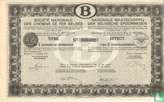 Nationale Maatschappij der Belgische Spoorwegen, Effect van 5 Winstaandeelen, 1937