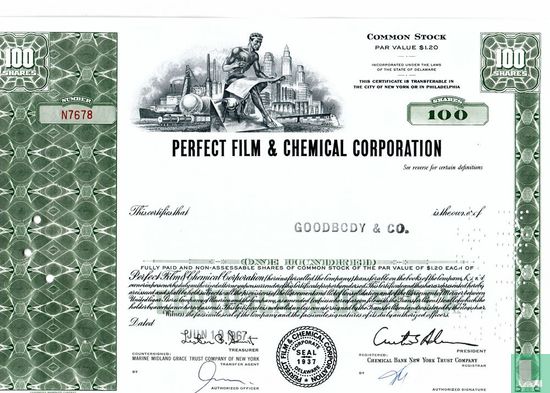 Perfect Film & Chemical Corporation, Certificate for 100 shares, Common stock