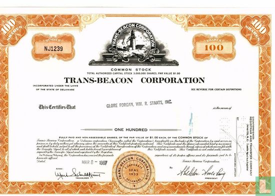Trans-Beacon Corporation, Certificate for 100 shares, Common stock