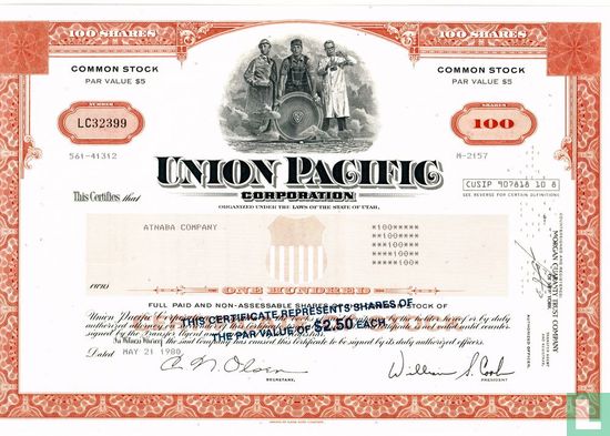 Union Pacific Corporation (UPC), Certificate for 100 shares, Common stock