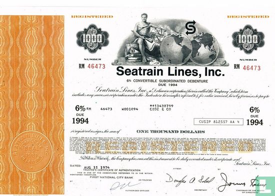 Seatrain Lines, Inc., 6% Convertible Subordinated Debenture, $ 1.000,= Due 1994