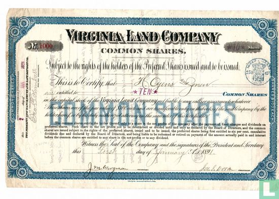 Virginia Land Company, Share certificate, Common stock