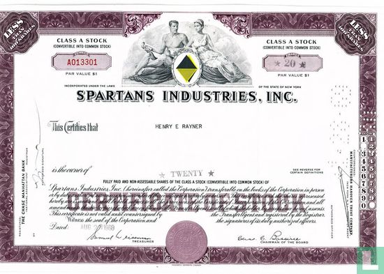 Spartans Industries, Inc., Certificate for less than 100 shares, Class A Stock