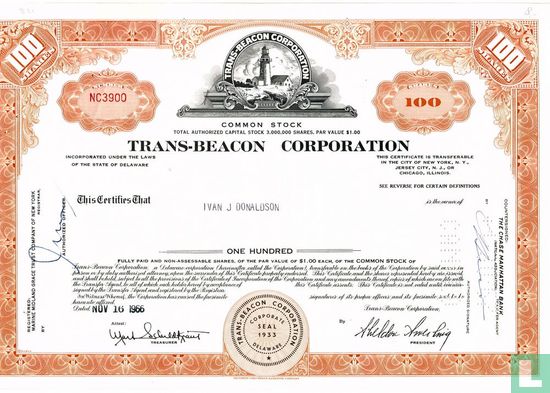 Trans-Beacon Corporation, Certificate for 100 shares, Common stock