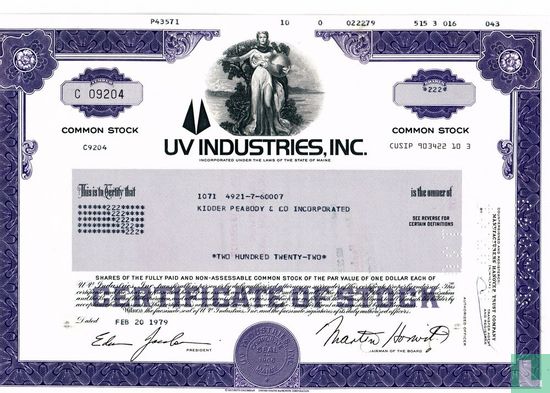 UV Industries, Inc., Share certificate, Common stock