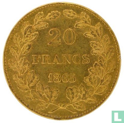 België 20 francs 1865 (L WIENER) - Afbeelding 1
