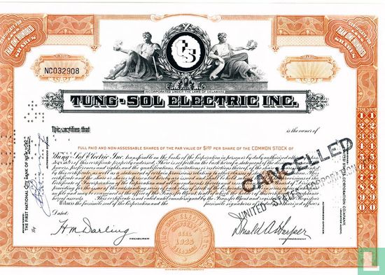 Tung-Sol Electric, Inc., Certificate for less than 100 shares, Common stock, Blankette
