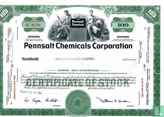 Pennsalt Chemicals Corporation, Certificate for 100 shares, Common stock