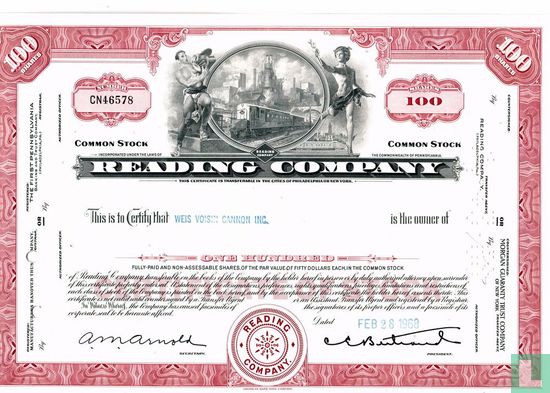 Reading Company, Certificate for 100 shares, Common stock