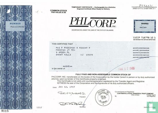 PHL Corp Inc., Share certificate, Common stock