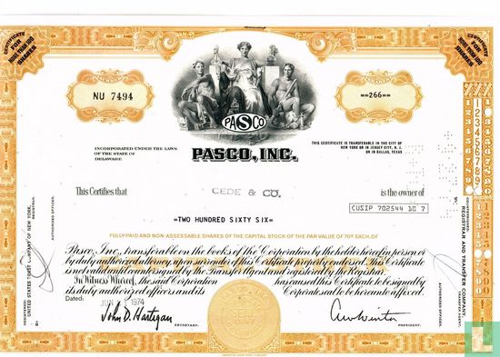 Pasco, Inc., Certificate for more than 100 shares, Capital stock