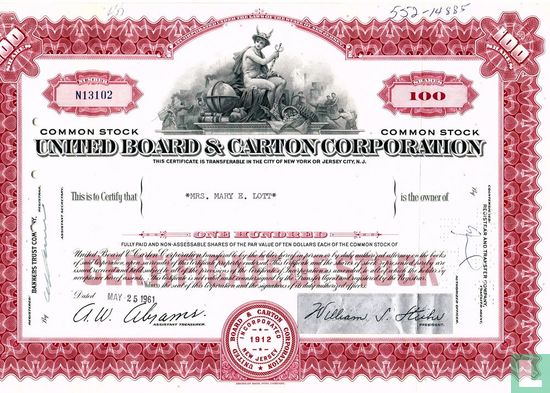 United Board & Carton Corporation, Certificate for 100 shares, Common stock